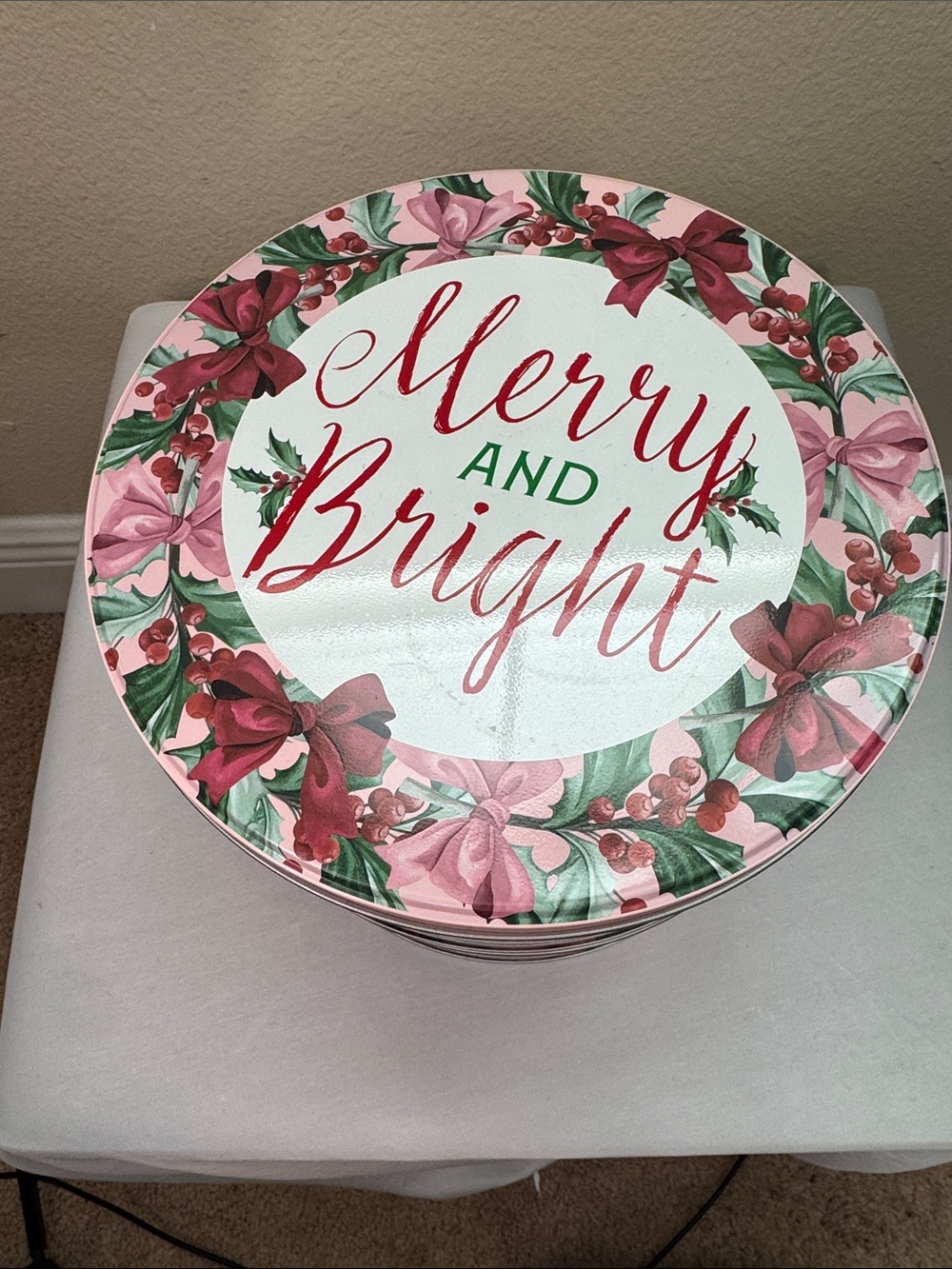 Merry and Bright Holiday Tin - Pink and Red